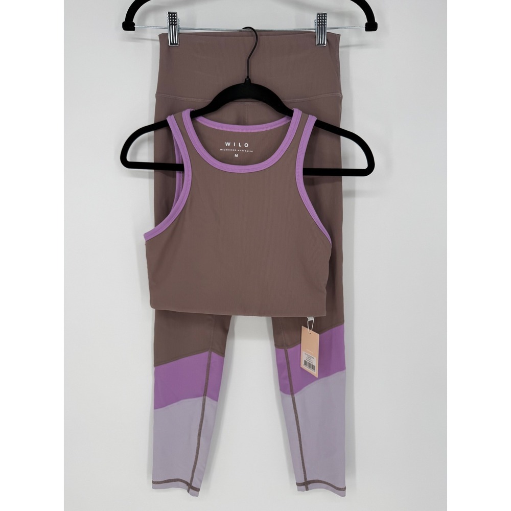 WILO THE LABEL COLORBLOCK RACER BRA AND LEGGINGS SET MEDIUM NWT MAUVE PURPLE